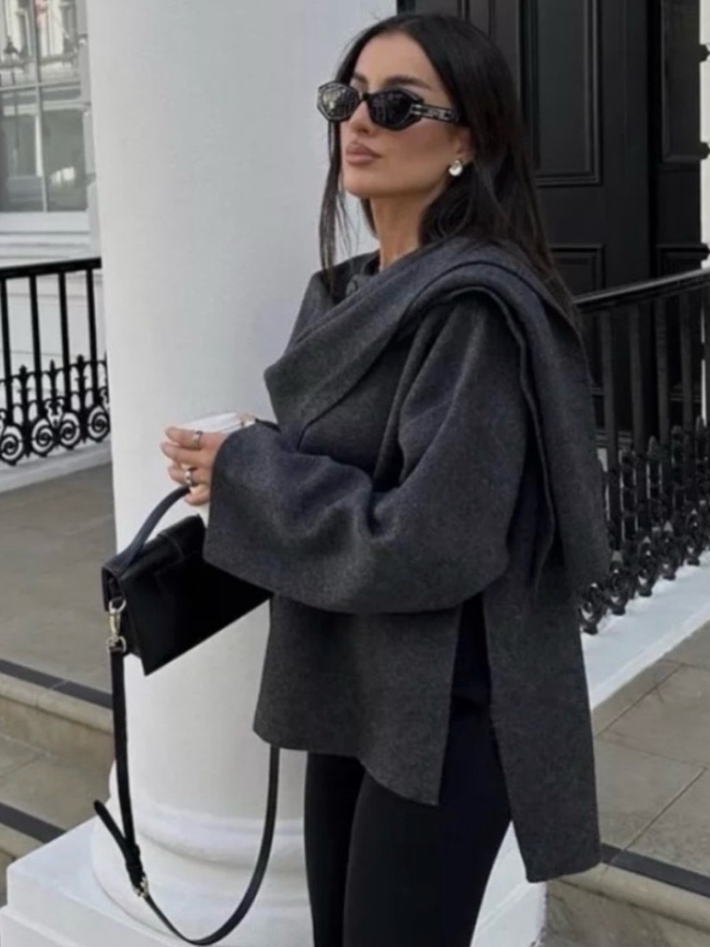 Zara Charcoal Gray Draped Wool Jacket - L/XL - Picture 5 of 5